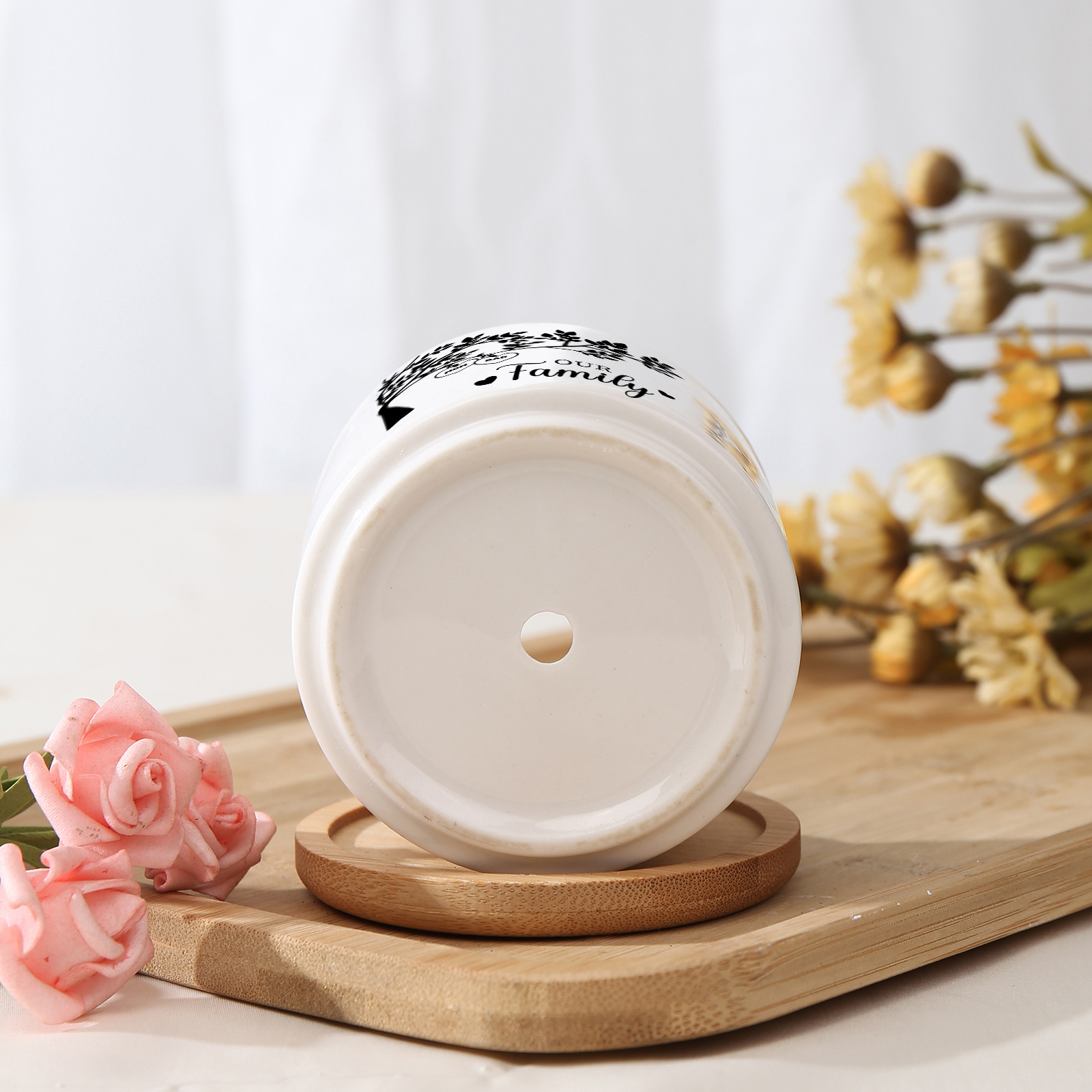 Personalised 2 Names & 1 Text Family Tree Flowerpot Custom Ceramic Flowerpot with Wooden Base Gift for Mother/Grandma-Jessemade AU