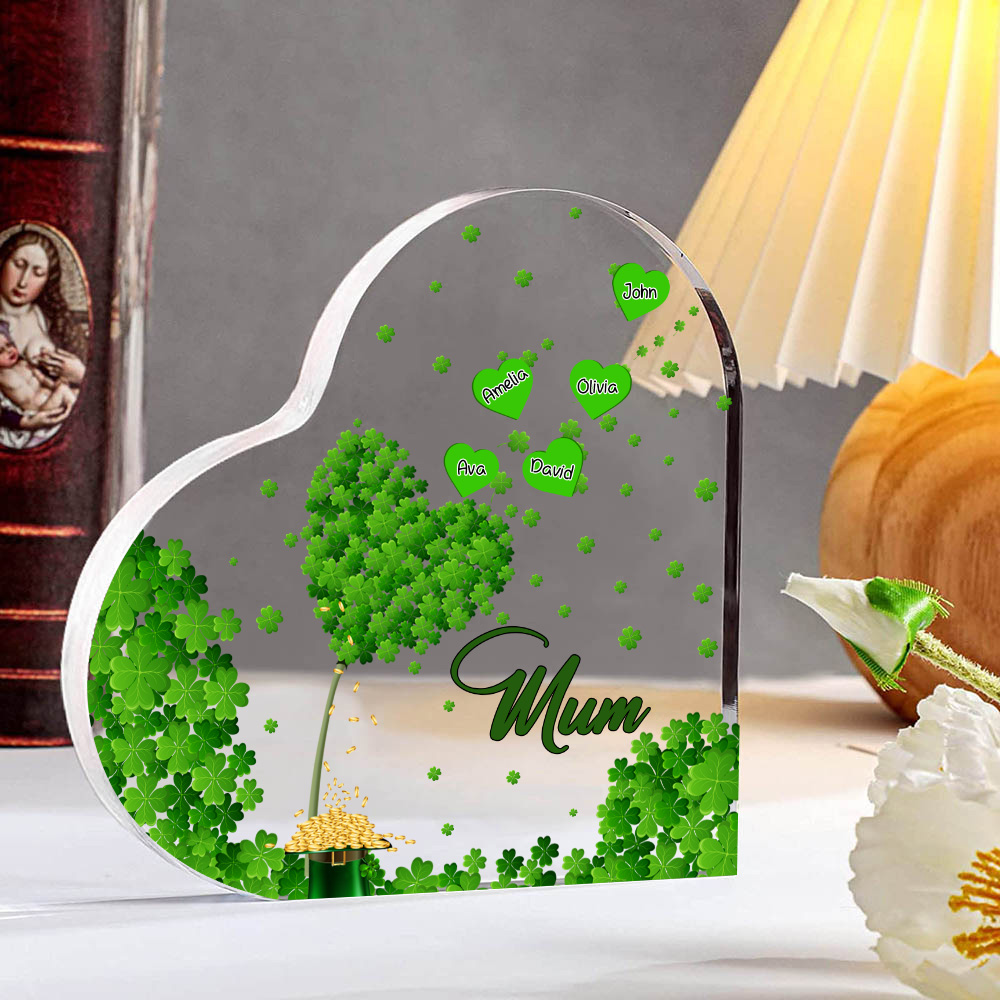 5 Names - Personalised Acrylic Heart Keepsake Custom Text Four-Leaf Clover Ornament Gift for Mother/Grandma-Jessemade AU