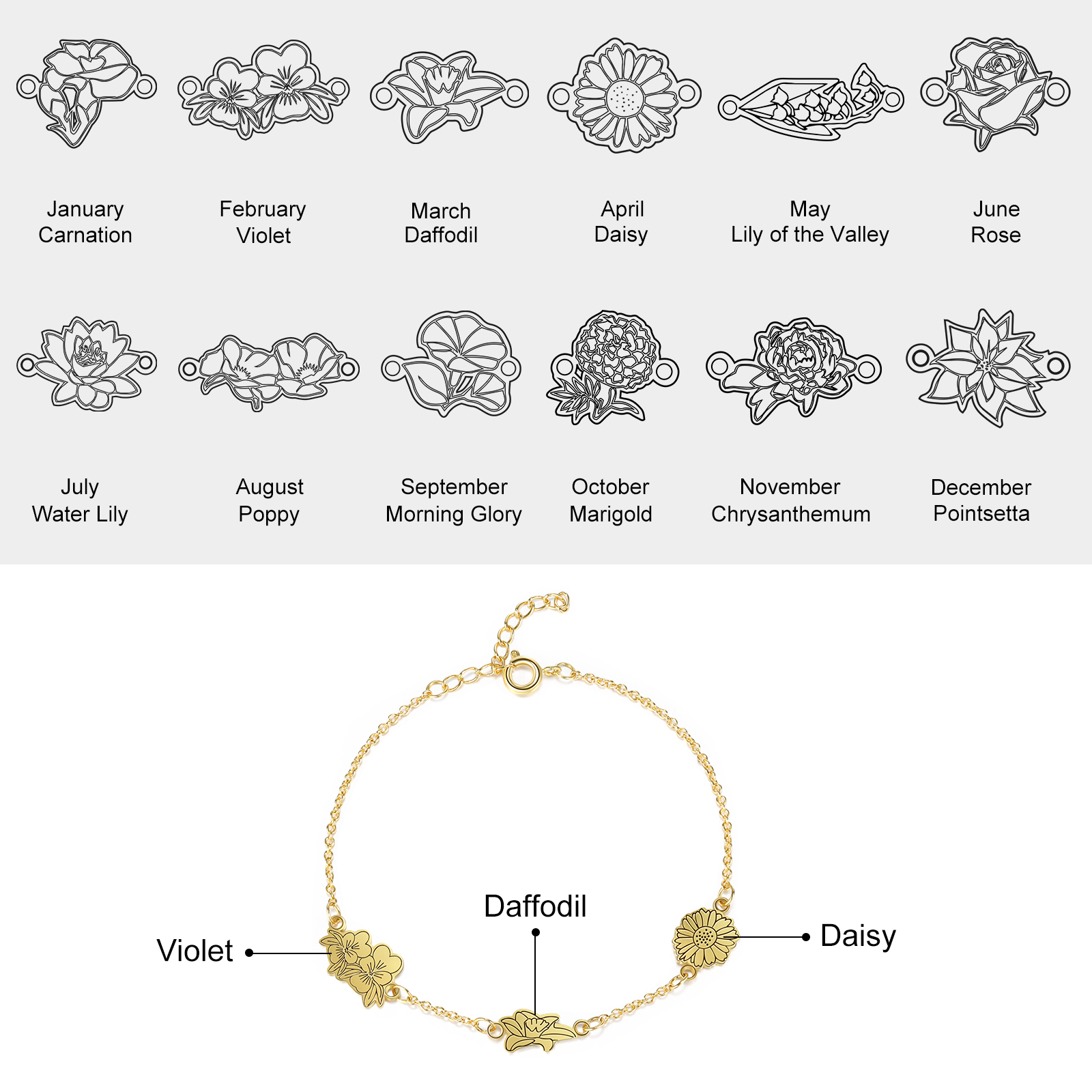 Personalised 3 Birth Flowers Elegant Woman's Bracelet-Jessemade AU