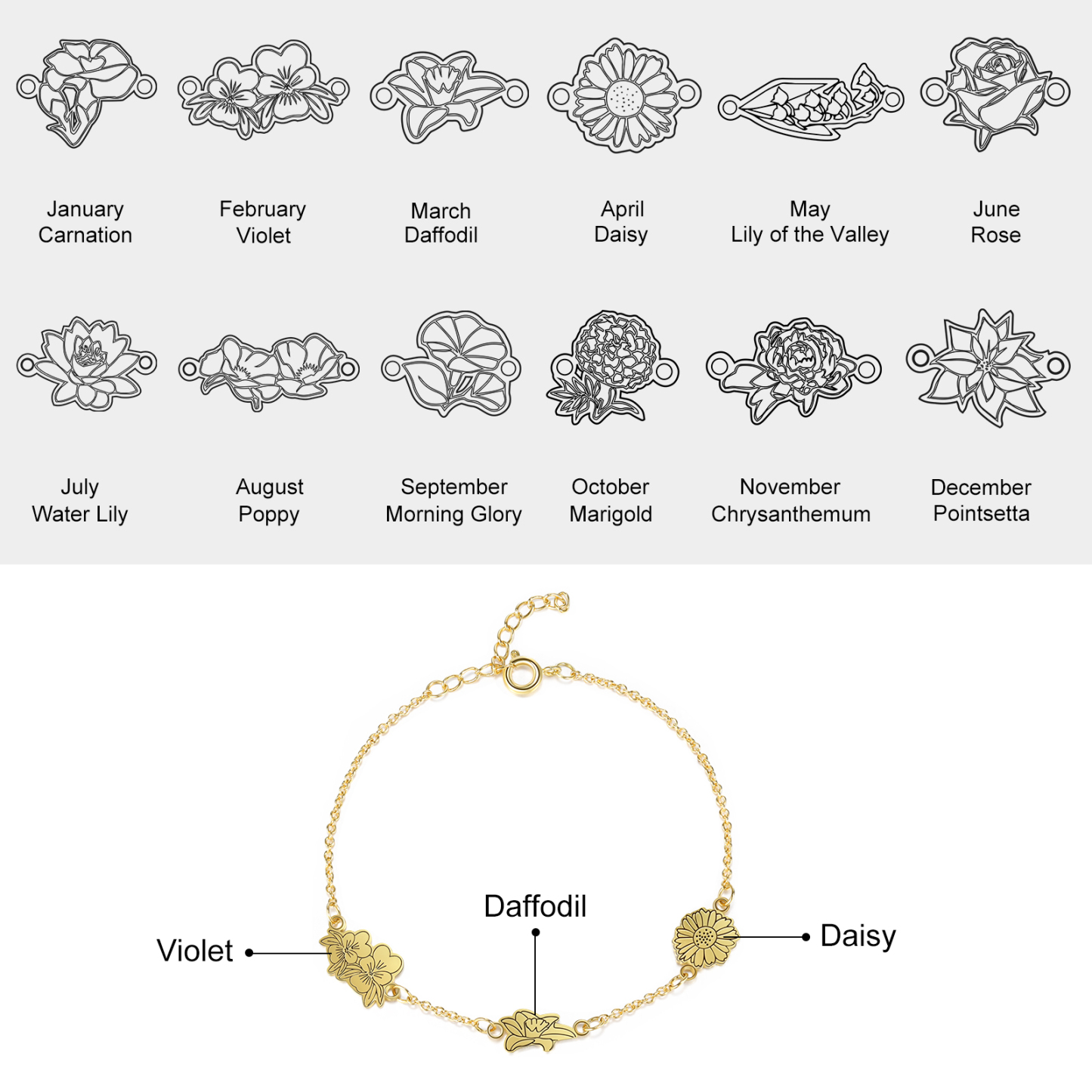 Personalised 3 Birth Flowers Elegant Woman's Bracelet-Jessemade AU