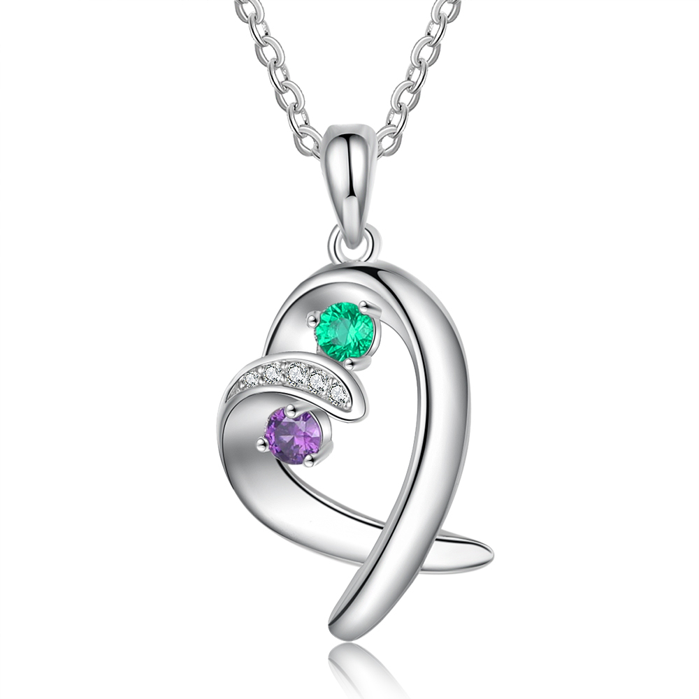 Personalised Heart Necklace With 2 Birthstones Engraved Names Gift For Her-Jessemade AU