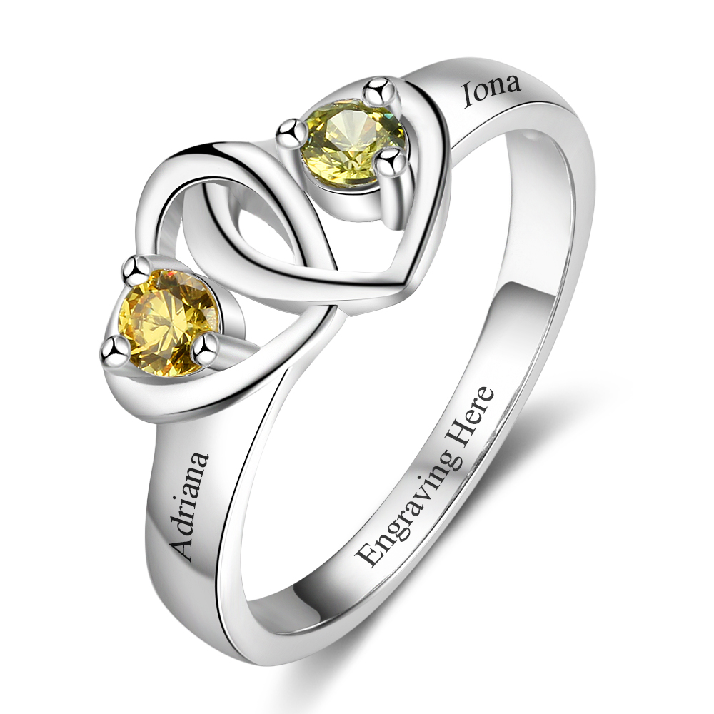 Promise Ring Personalised with 2 Hearts Birthstones Ring Engraved 2 Names Gifts for Her-Jessemade AU