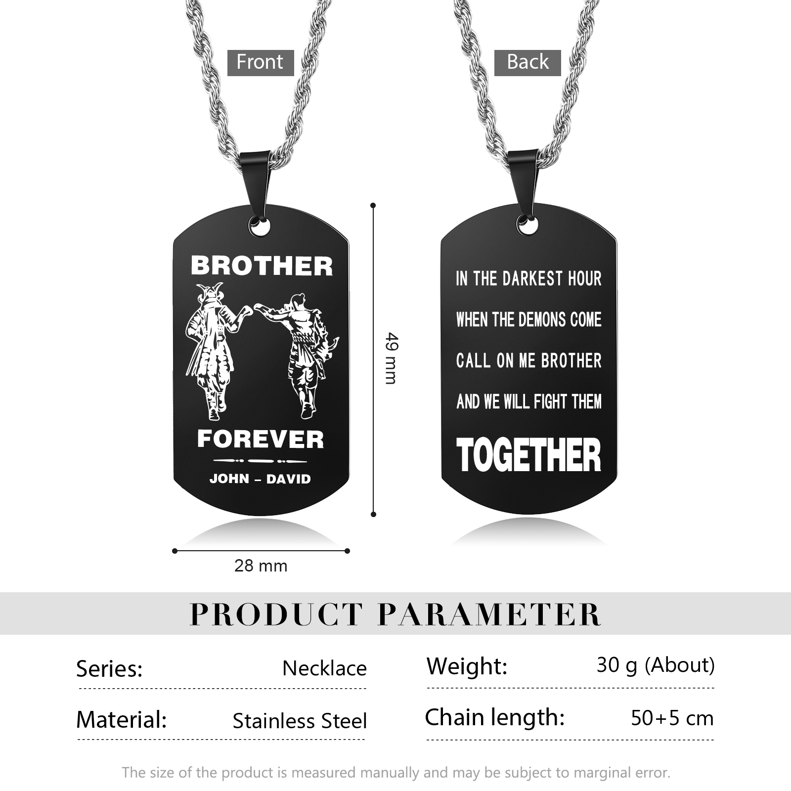 Brother Forever Dog Tag Necklace Personalised Black Double-sided Necklace Customised 2 Names Samurai Necklace Gift to Brother-Jessemade AU