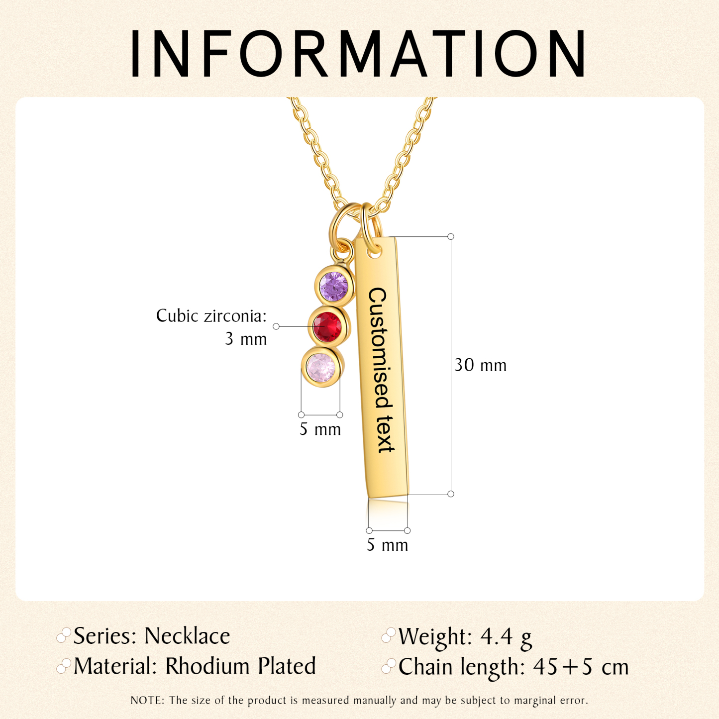 Personalised Bar Pendant Necklace Custom 3 Birthstones & 1 Text Necklace Birthday Gift for Her-Jessemade AU