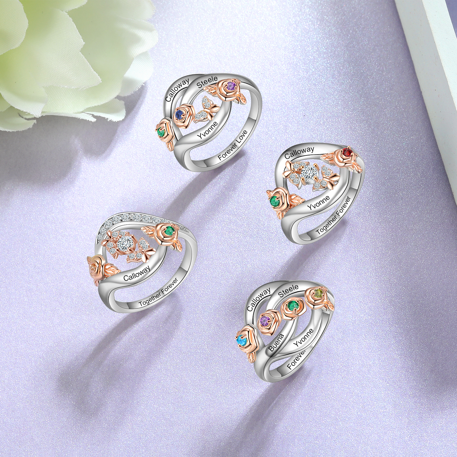Personalised Rose Ring With 4 Birthstones Engraved Names Ring Gift For Women-Jessemade AU