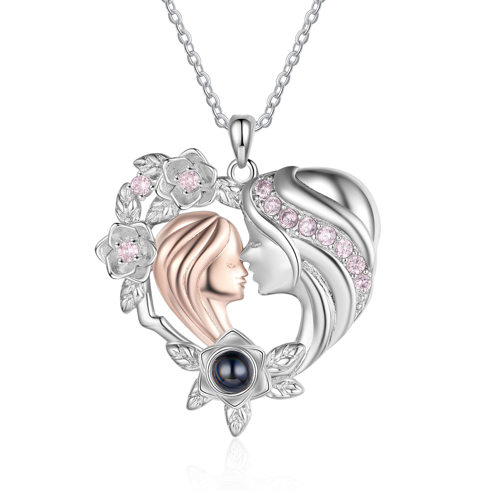 Mother and Daughter Heart Projection Necklace Custom Photo Flower Pendant Necklace for Her-Jessemade AU