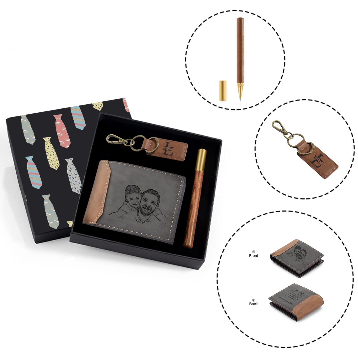 Personalised Photo & Name & Letter & Text & Calendar Gift Set Custom Wallet & Keychain & Pen Gift Box Set Father’s Day Gift for Him-Jessemade AU