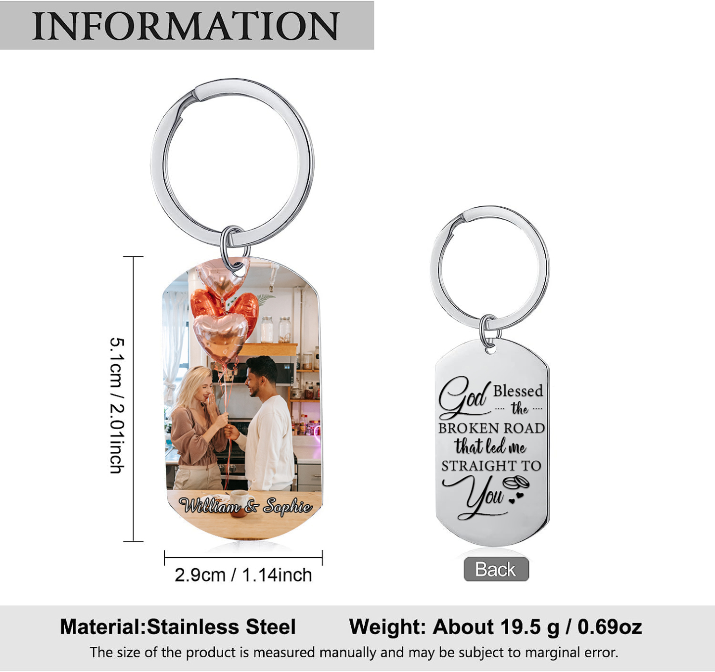 Personalised Couple Photo Keychain Customised 2 Names Keyring Valentine's Day Gifts - God Blessed the Broken Road that Led Me Straight To You-Jessemade AU
