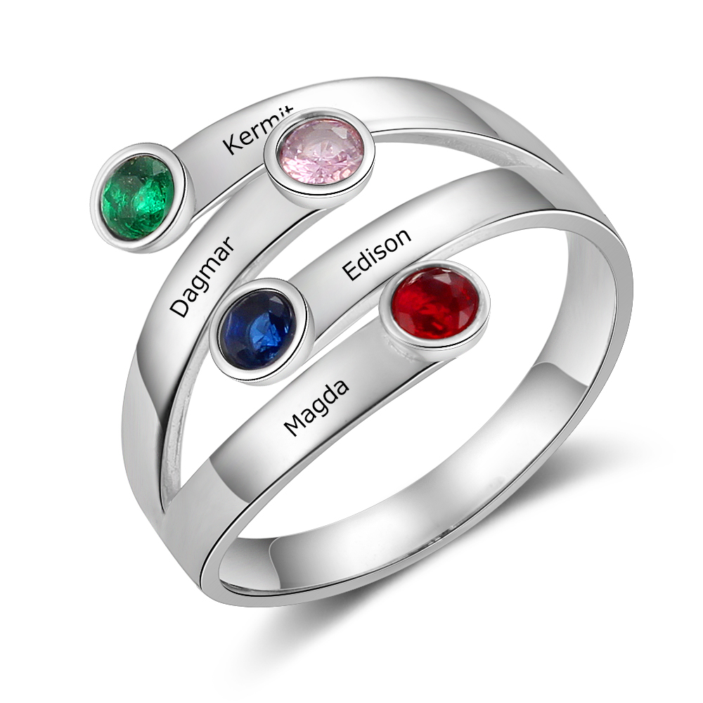 Personalised Ring With 4 Birthstones Engraved Names Ring Gift For Women-Jessemade AU