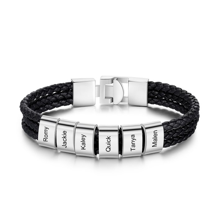 Personalised Braided Leather Bracelet Engraved 6 Names Men's Bracelet Gifts For Him-Jessemade AU