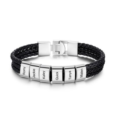 Personalised Braided Leather Bracelet Engraved 6 Names Men's Bracelet Gifts For Him-Jessemade AU