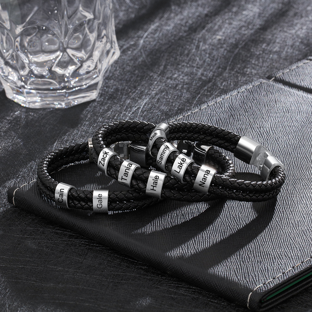 Men's Leather Bracelet Custom 1–8 Names Beaded Bracelet Personalised Gift for Him-Jessemade AU