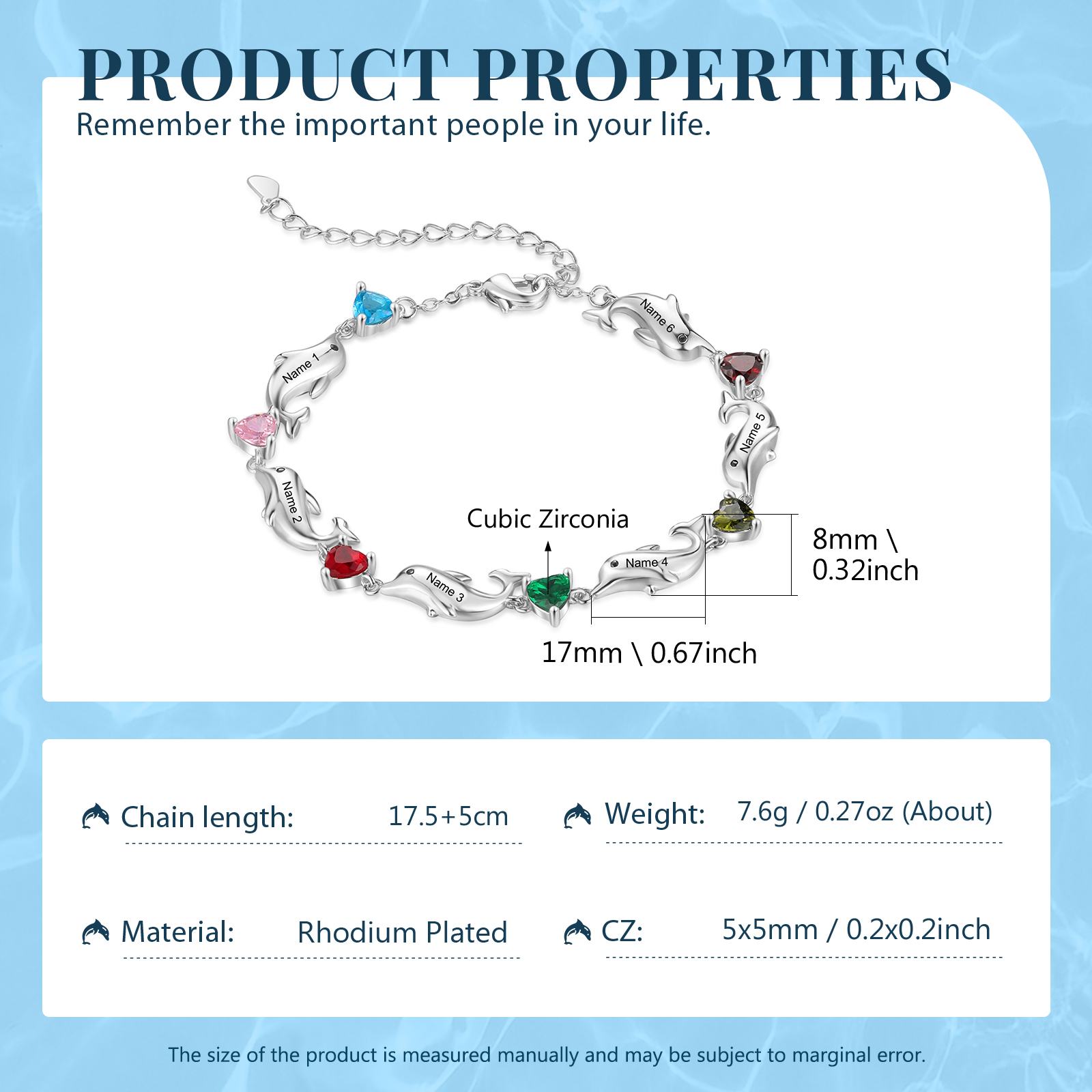 Dolphin Bracelet Personalised 6 Birthstones & 6 Names Women Bracelet-Jessemade AU