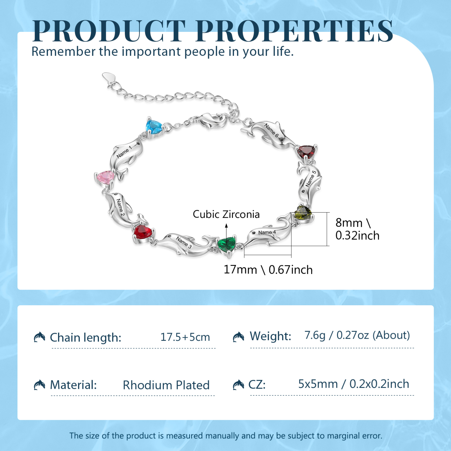 Dolphin Bracelet Personalised 6 Birthstones & 6 Names Women Bracelet-Jessemade AU