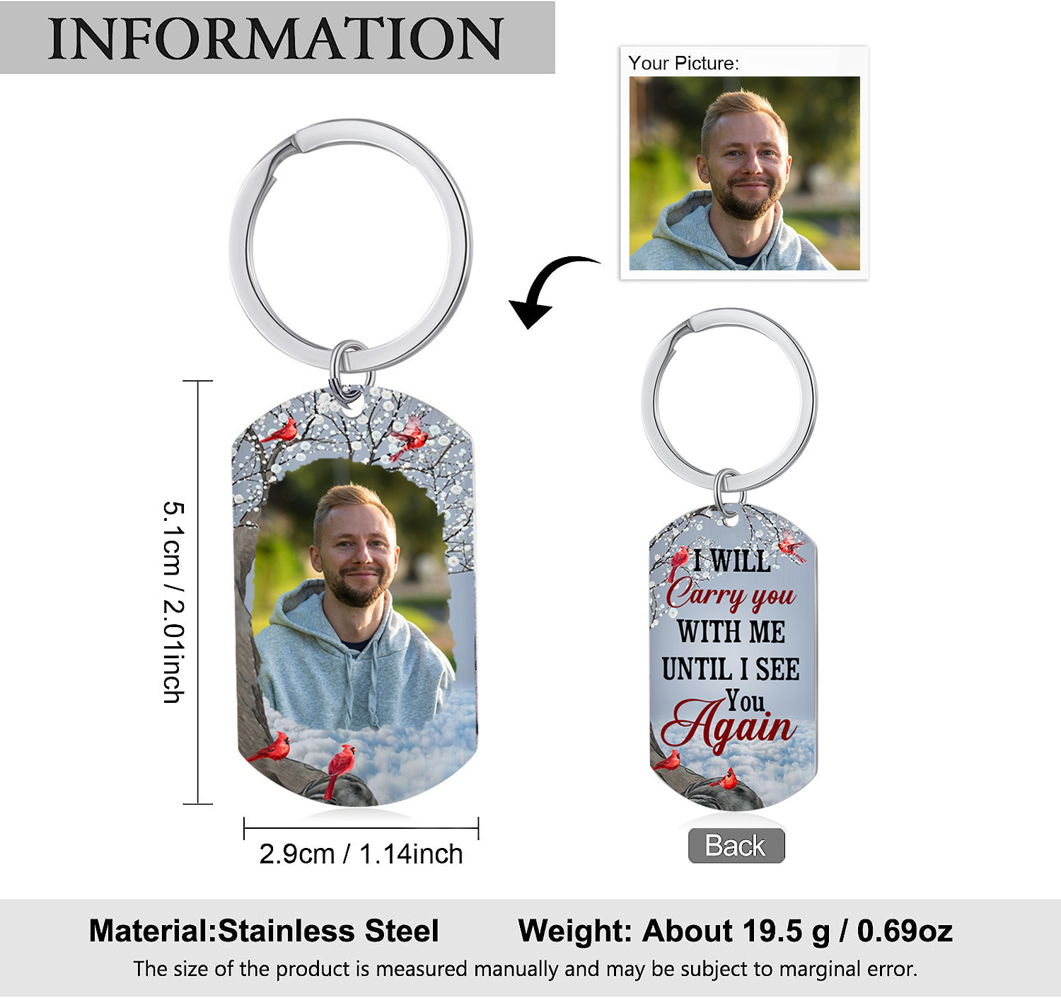 Cardinal Memorial Keychain Custom Photo Keyring Commemorate Deceased Loved Ones - I Will Carry You With Me Until I See You Again -Jessemade AU