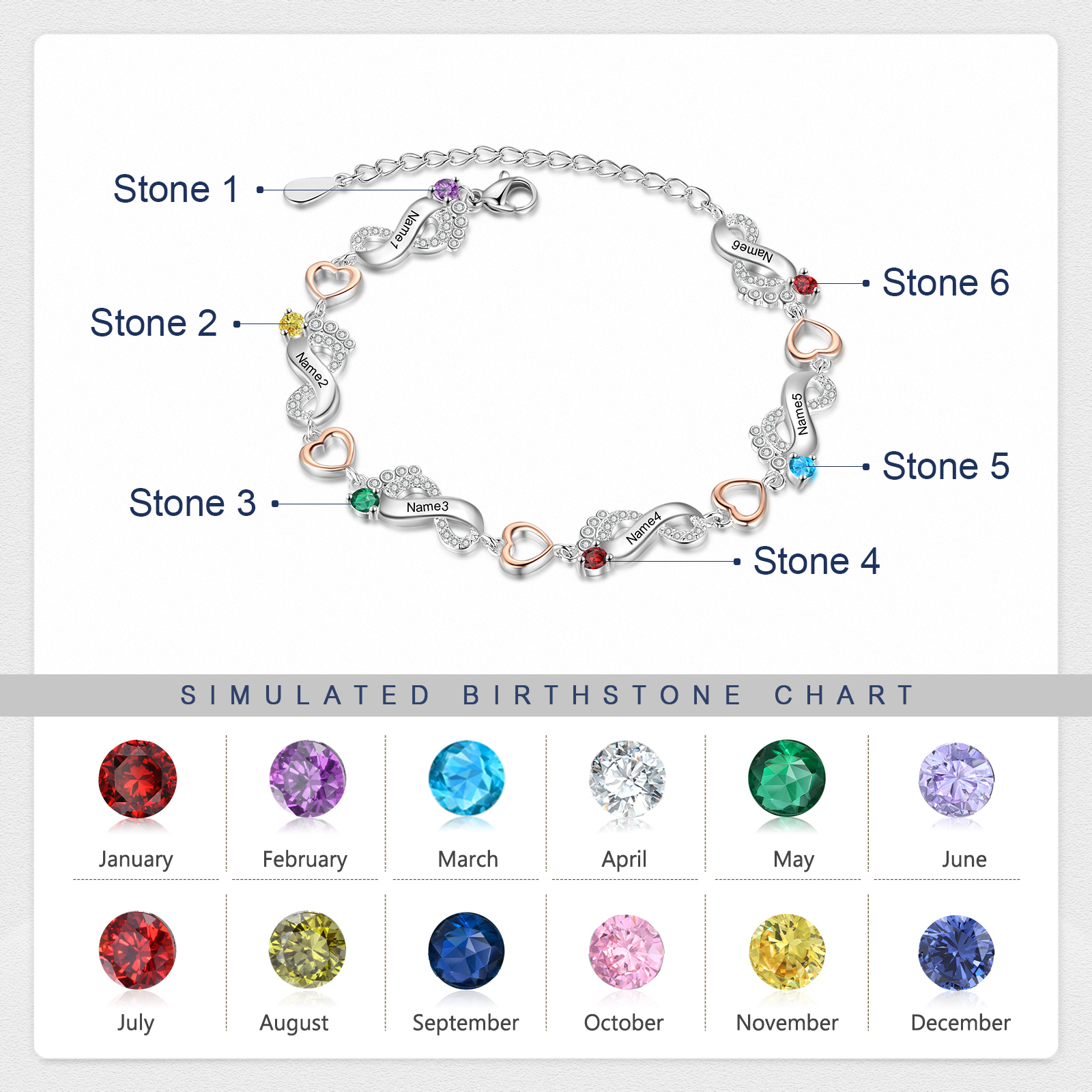 Personalised Baby Feet Bracelet Custom 6 Birthstones Heart Bracelet Gifts For Women-Jessemade AU