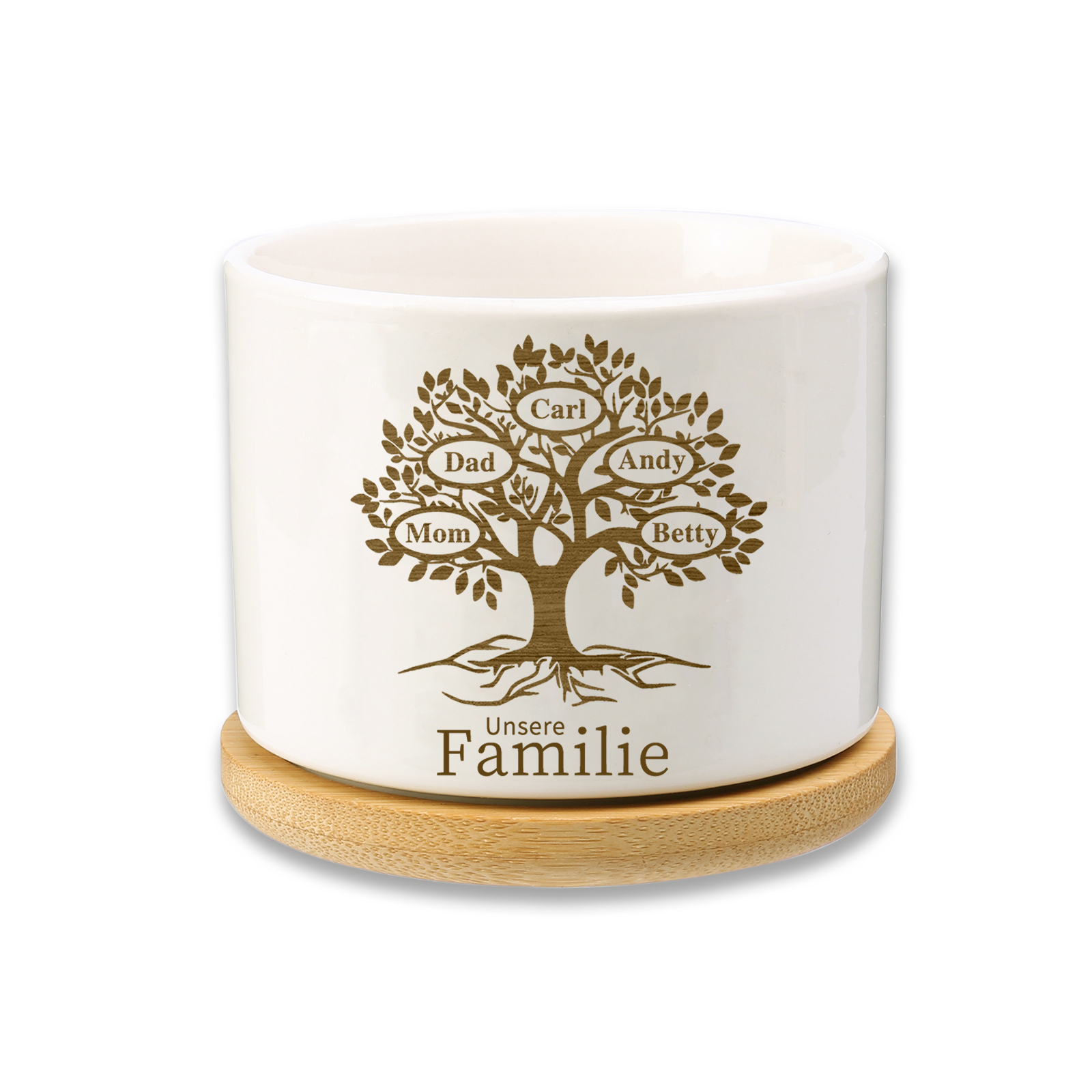 Personalised Ceramic Flowerpot with Wooden Base Custom 5 Names & 1 Text Family Tree Flowerpot Gift for Mum/Nan-Jessemade AU