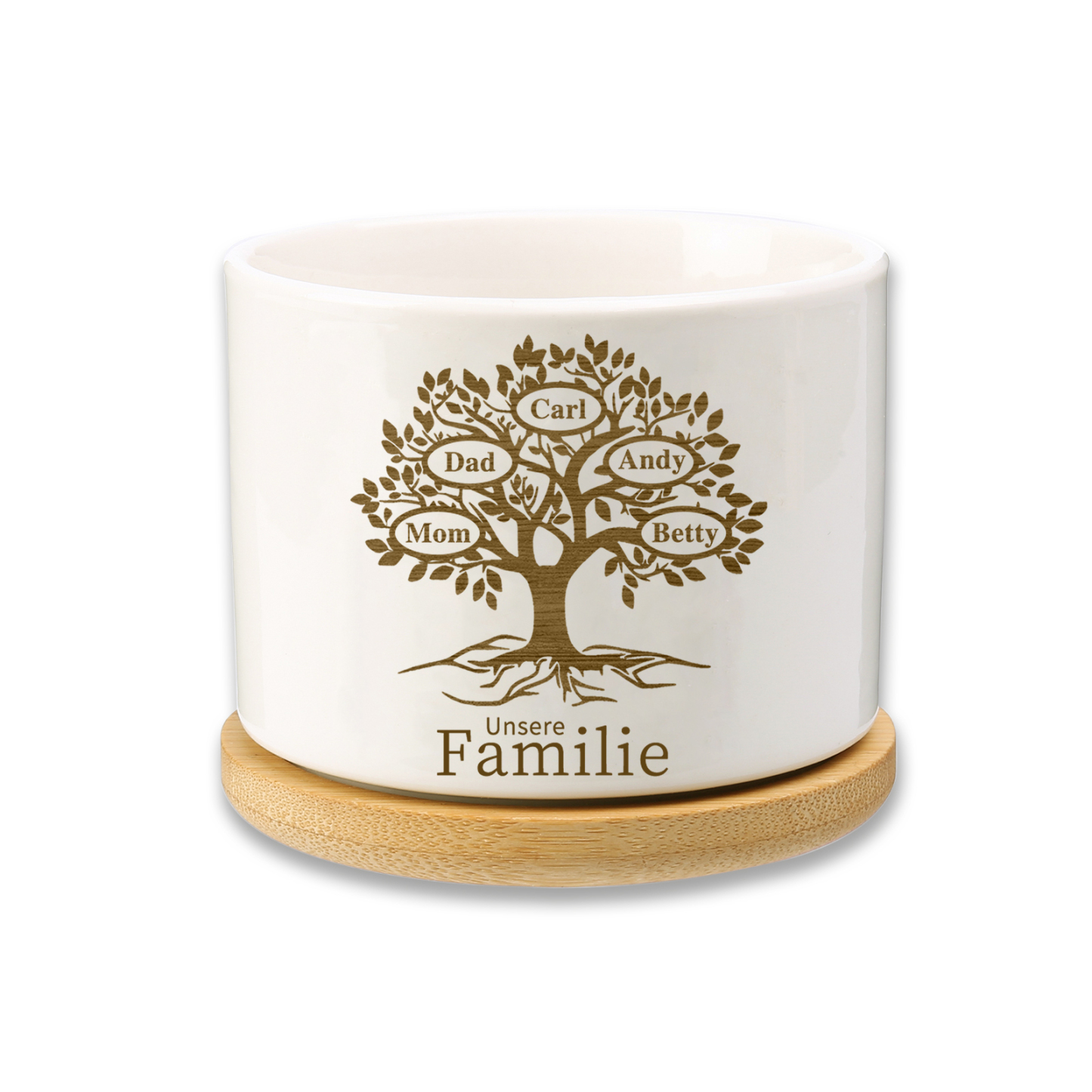 Personalised Ceramic Flowerpot with Wooden Base Custom 5 Names & 1 Text Family Tree Flowerpot Gift for Mum/Nan-Jessemade AU