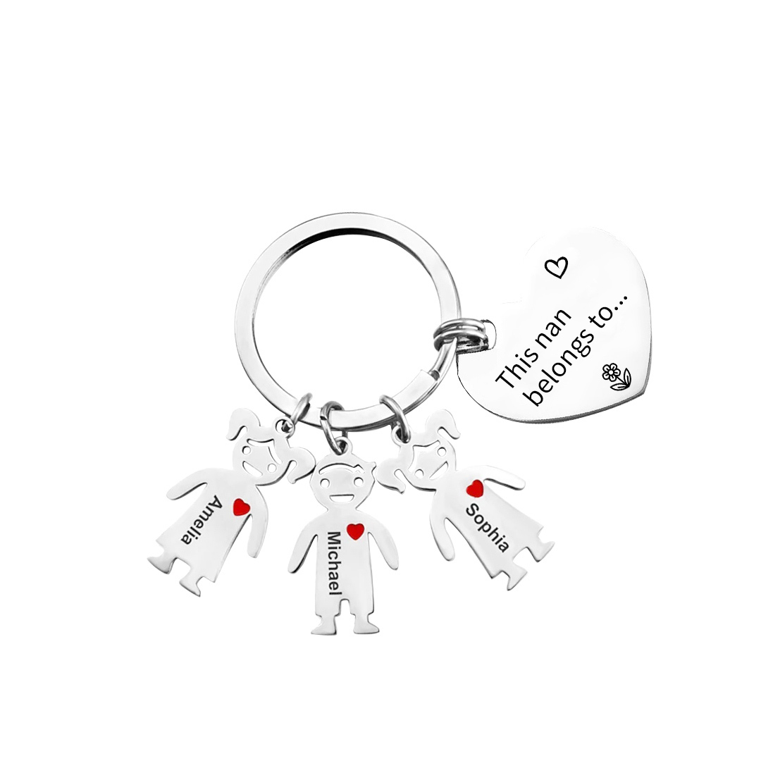 3 Names - Personalised Keychain with Kid Charm Engraved Names Keychain Heart Gift for Nan/Mum-Jessemade AU