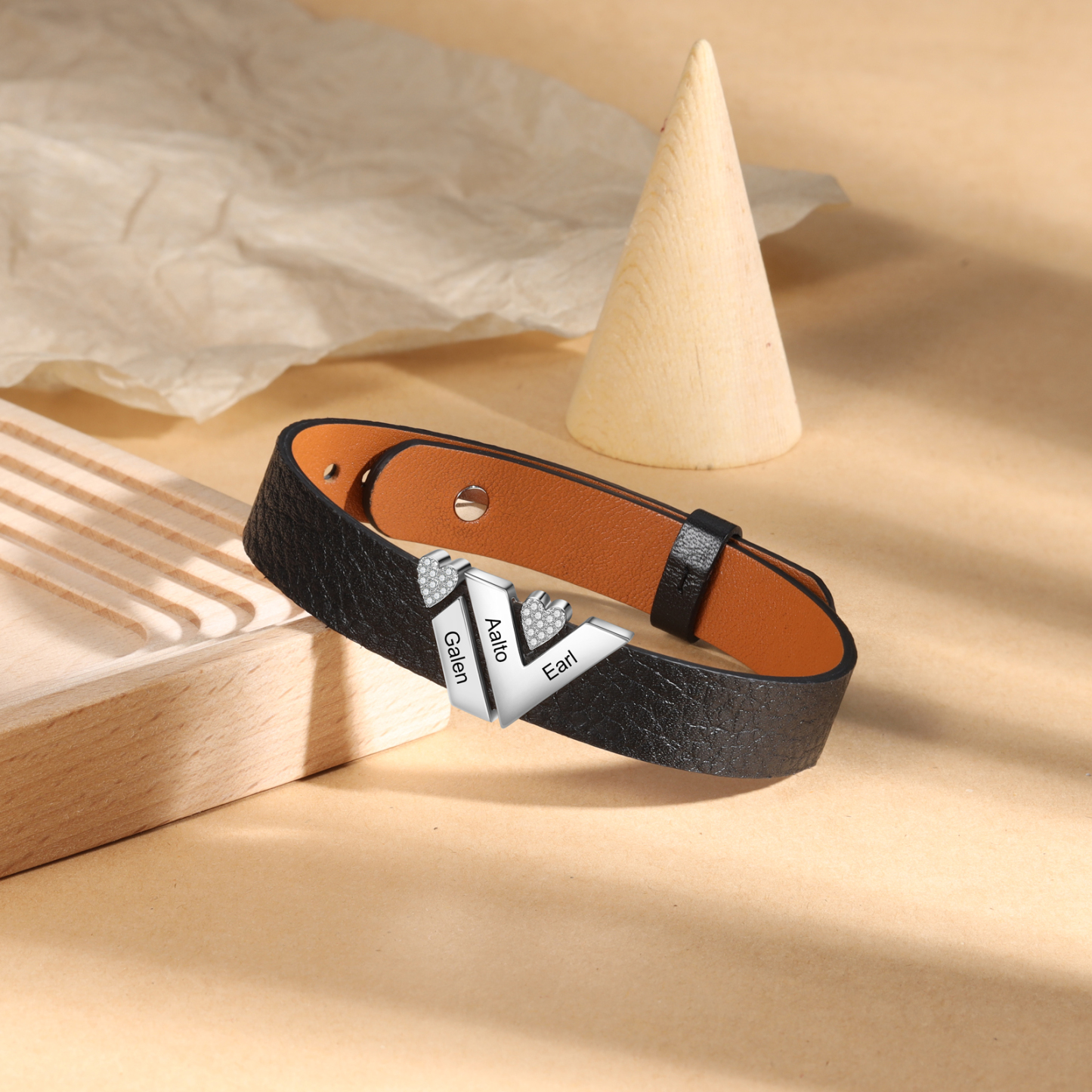 Personalised Leather Bracelet with Beads Engraved 3 Names Bangle for Him-Jessemade AU