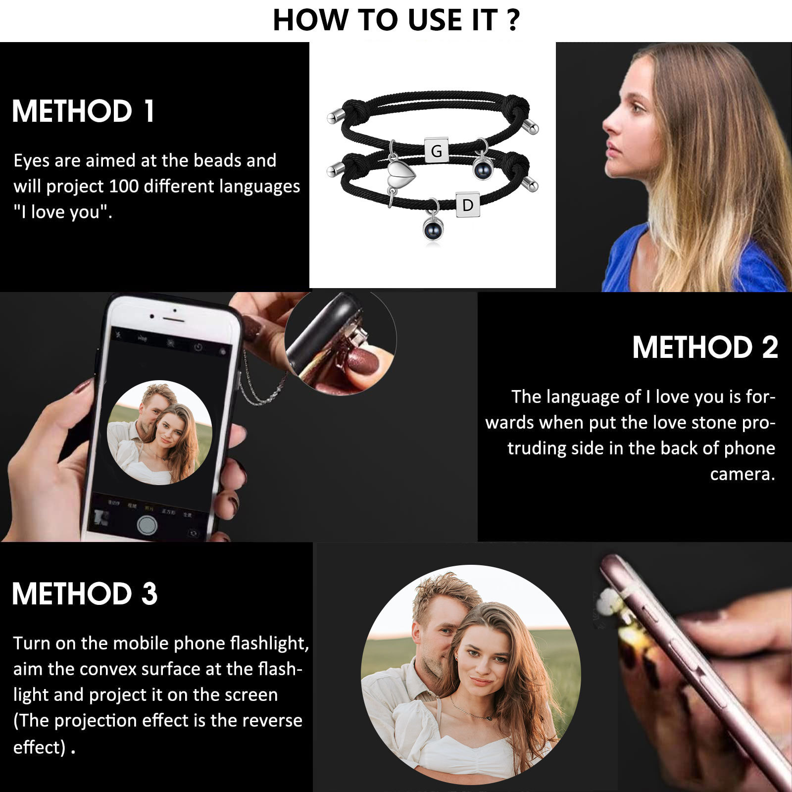 Personalised Photo Projection Bracelet Set Custom 2 Letters Magnetic Bracelet Matching Gifts for Couples-Jessemade AU