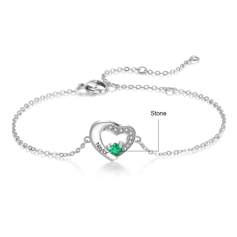 Personalised Heart Bracelet With 1 Birthstone Engraved Names Bracelet Gift For Women-Jessemade AU