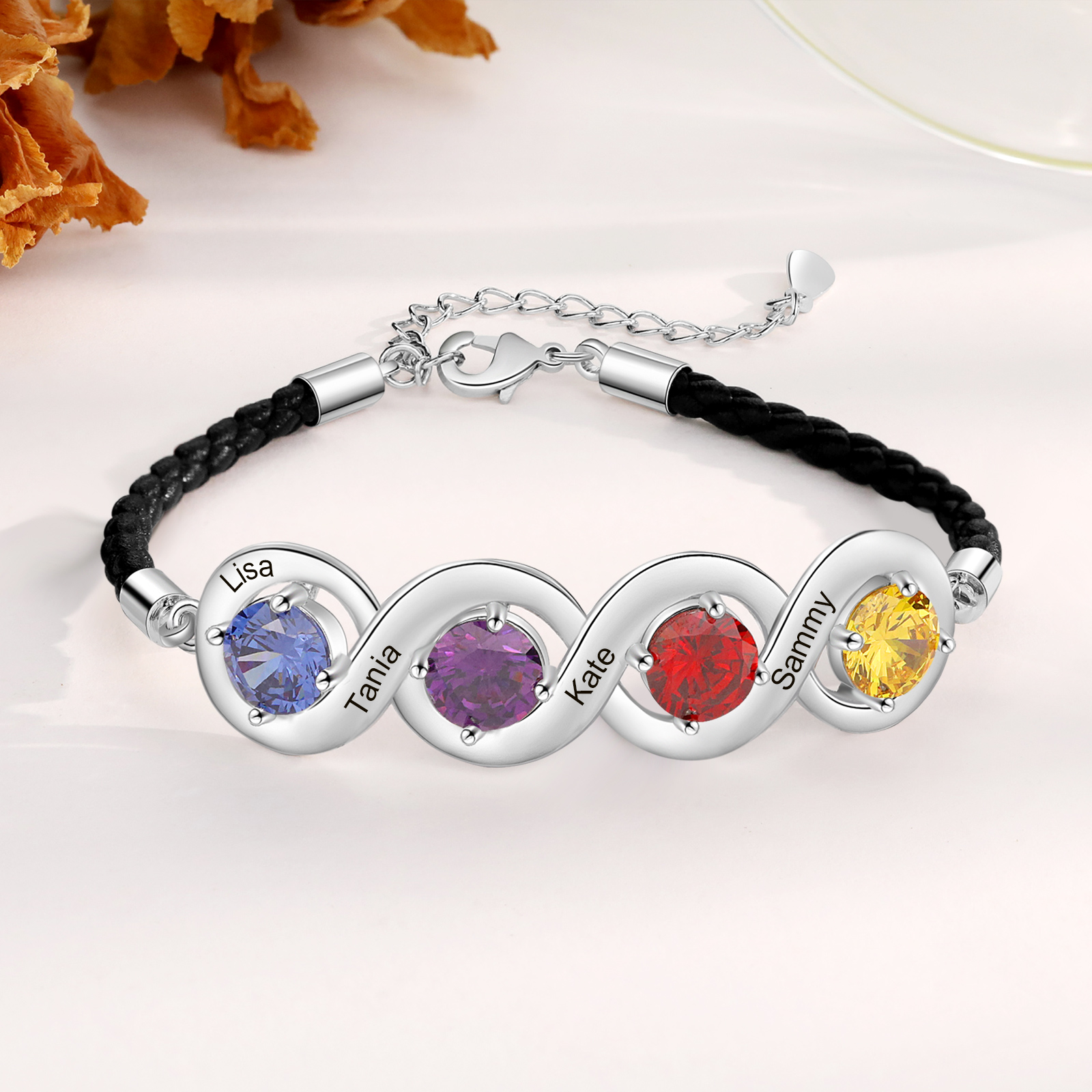 Personalised Infinity Bracelets Custom 4 Birthstones & 4 Names Adjustable Bracelet Gift for Her-Jessemade AU