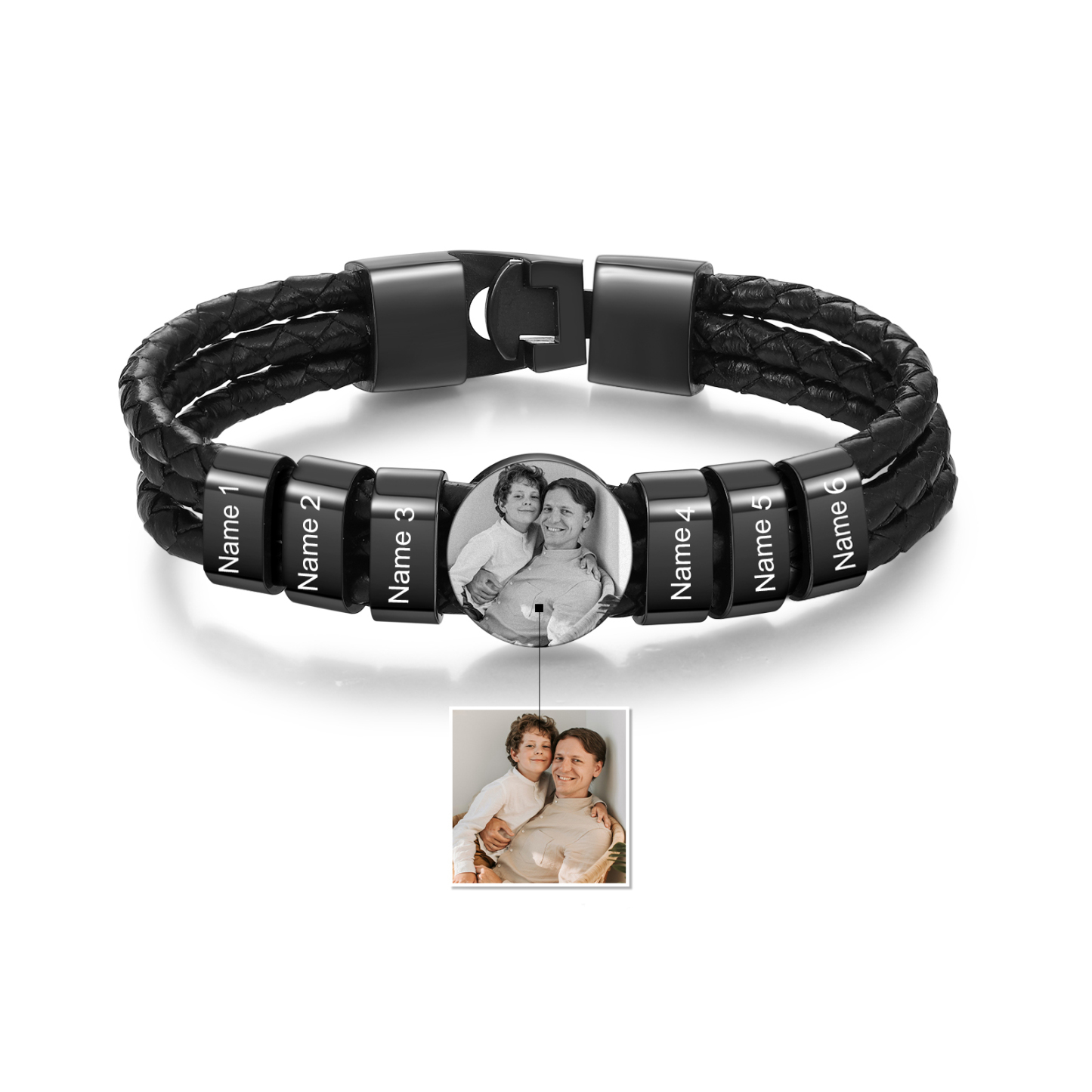 Personalised Men's Leather Bracelet Custom 6 Names & 1 Photo Braided Bracelet Father's Day Gifts for Him-Jessemade AU