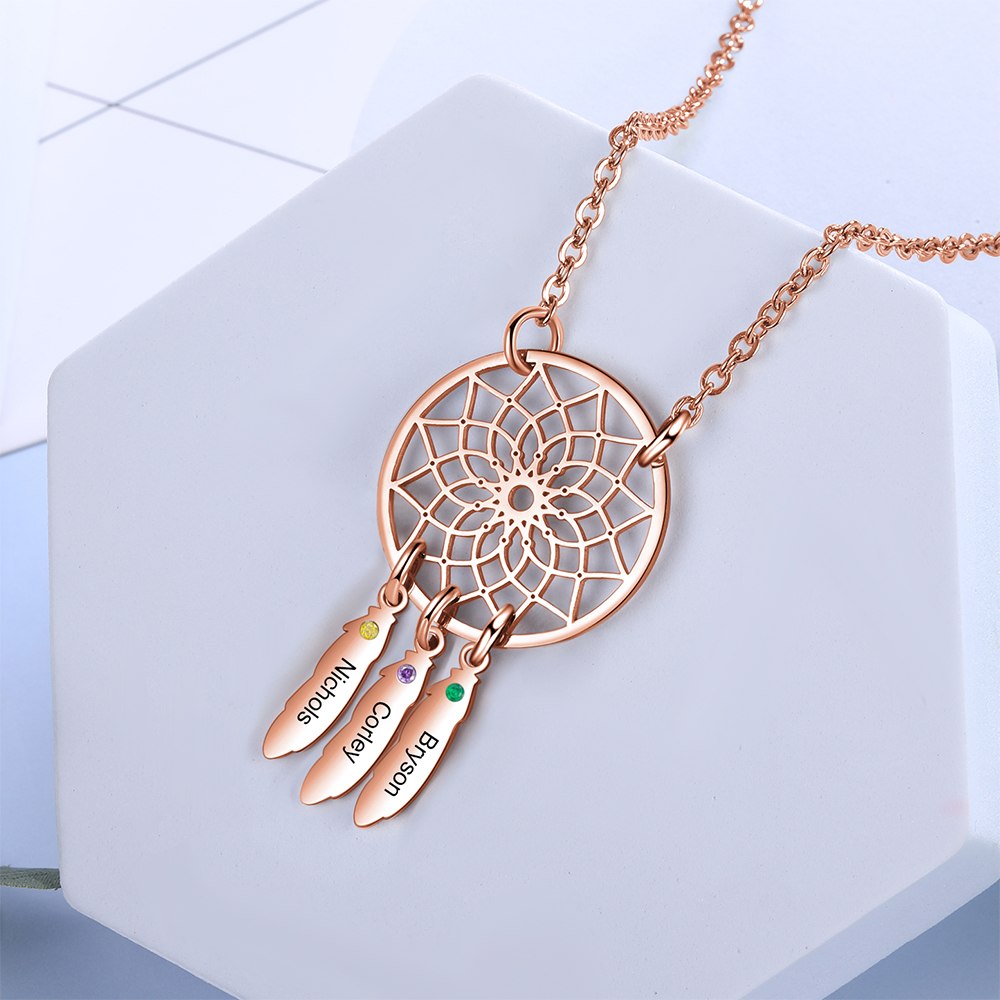 Personalised Dream Catcher Necklace With Birthstone Custom 3 Names Necklace Gift For Mother