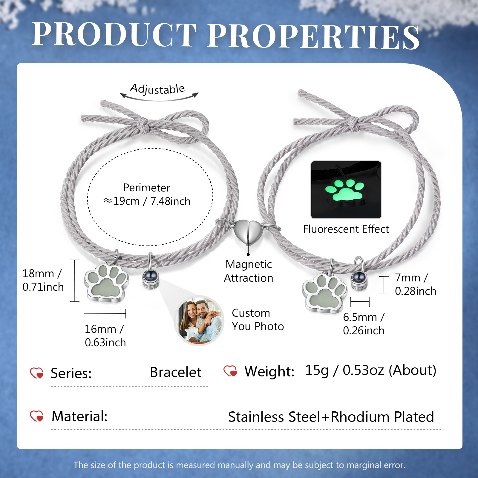 Personalised Photo Projection Bracelet Set Dog Paw Fluorescent Magnetic Bracelet Matching Gifts For Couples/Friends-Jessemade AU