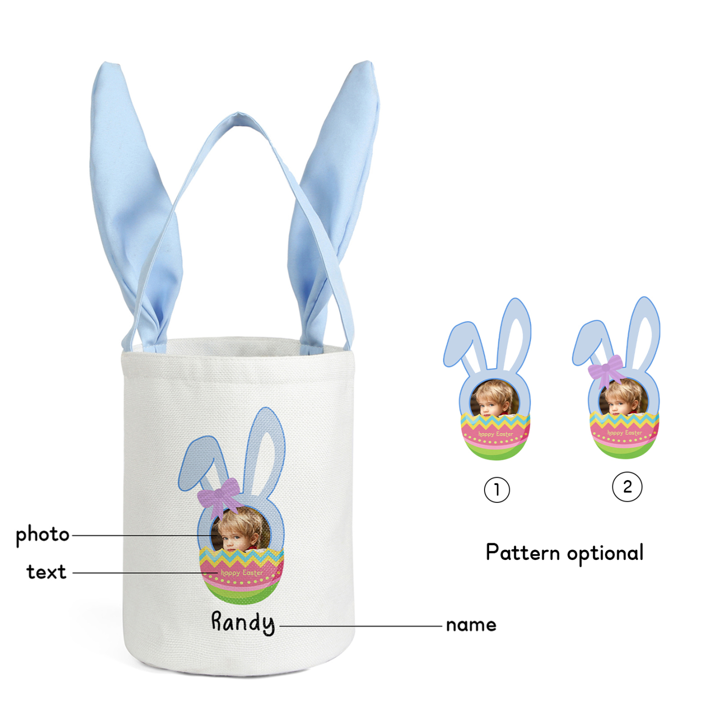 Bunny Tote Bag Personalised Photo Bucket Bag Custom Name & Text Bunny Basket Easter Gifts-Jessemade AU
