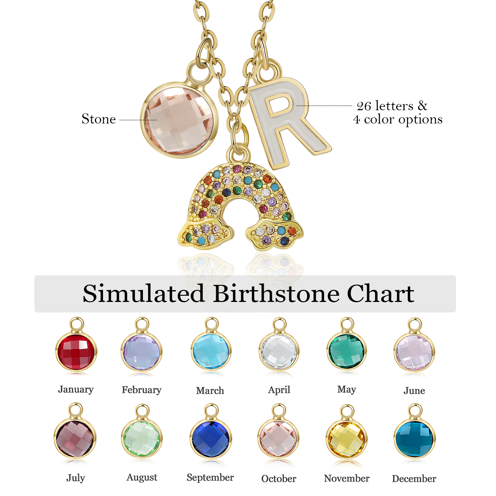 Personalised Rainbow Necklace Custom Birthstone and Initial Kid's Necklace-Jessemade AU