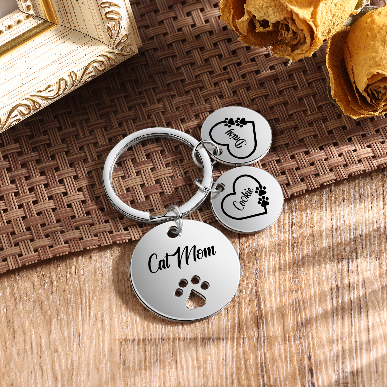 Personalised 2 Names & 1 Text Keychain Cat Paw Circle Charm Keychain Gift for Mother/Grandma-Jessemade AU