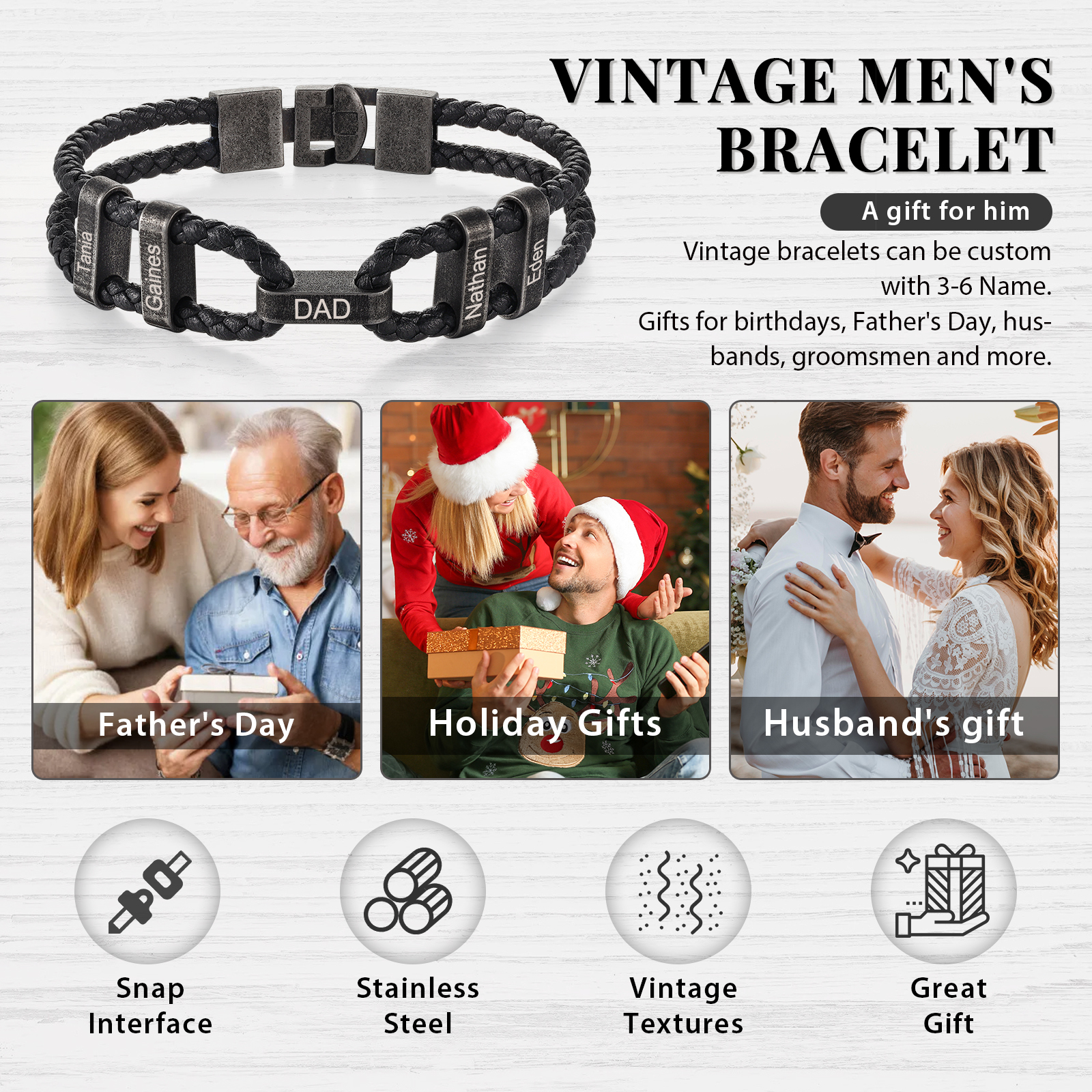 5 Names - Vintage Men's Leather Bracelet Custom Name Bracelet Two Layers Bracelet Personalised Gift for Him-Jessemade AU