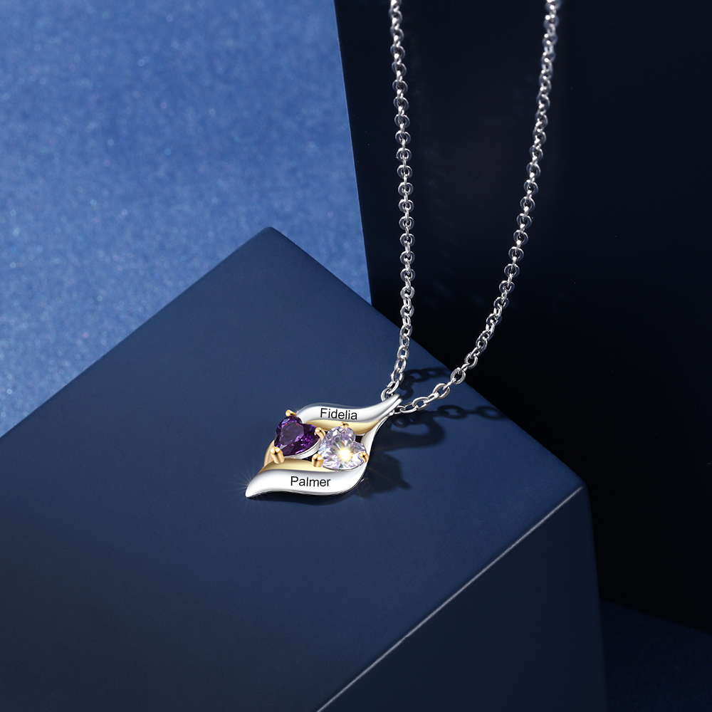 Personalised S925 Necklace With 2 Heart Birthstones Engraved Names Gift For Her-Jessemade AU
