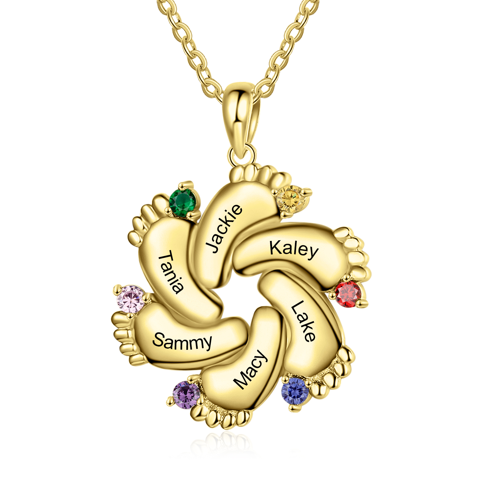 Personalised Baby Feet Necklace With 6 Birthstones Engraved Names Gift For Mother-Jessemade AU