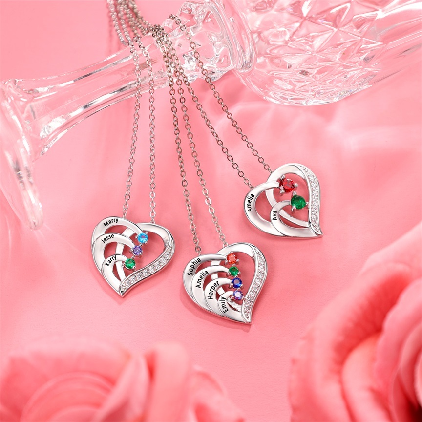 Personalised Mother Necklace Engraved 3 Names 3 Birthstone Intertwined Heart Pendant
