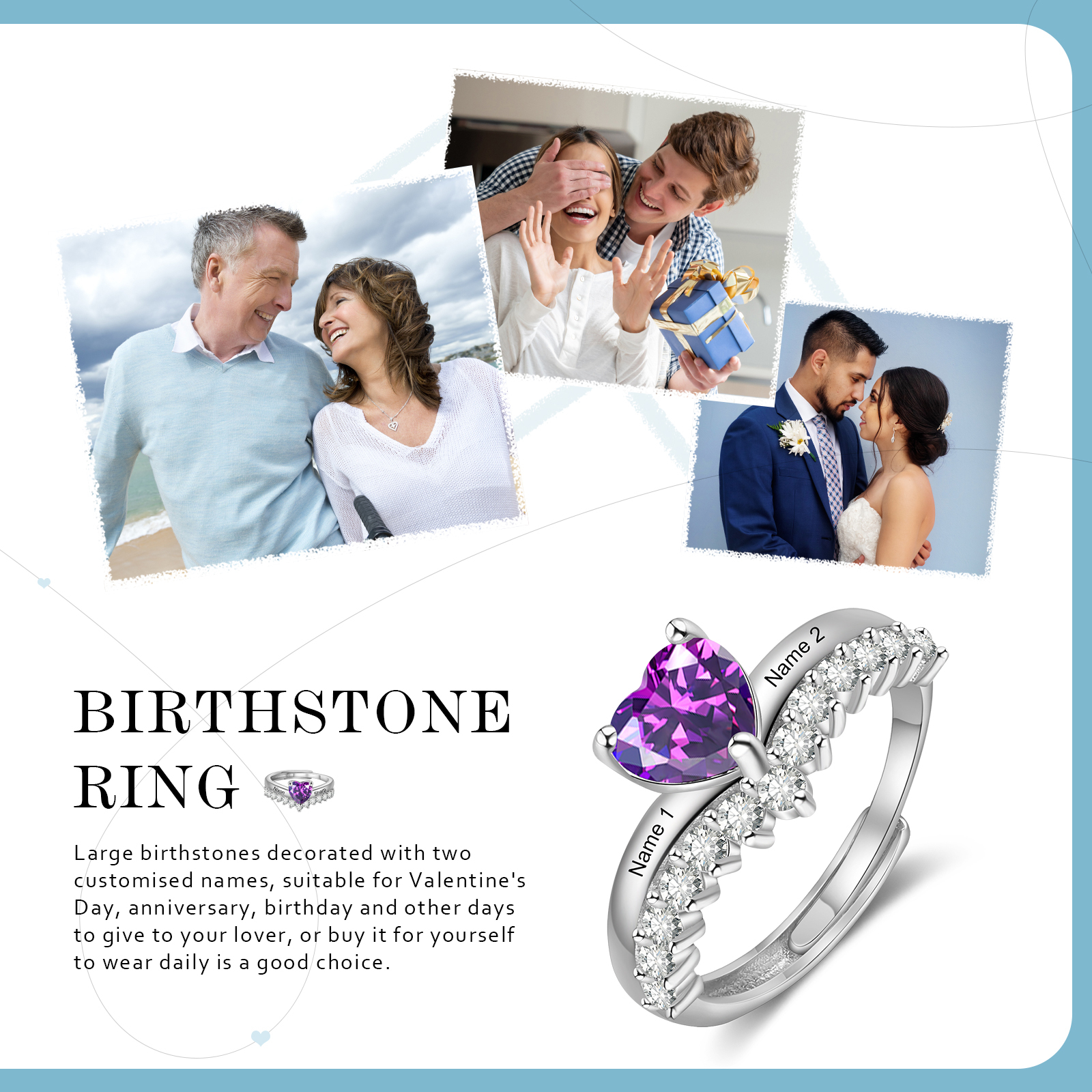 Personalised Heart Birthstone Ring Custom 2 Names Open Ring Gift for Women Girls-Jessemade AU