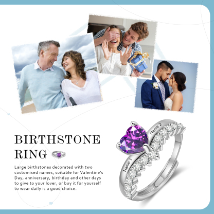 Personalised Heart Birthstone Ring Custom 2 Names Open Ring Gift for Women Girls-Jessemade AU