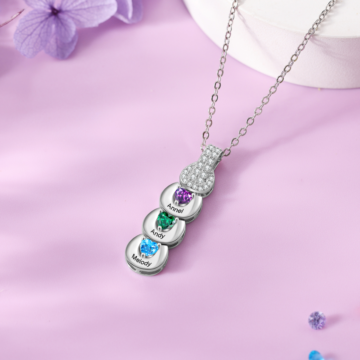 Custom Family Necklace Cascading Pendant with 3 Birthstones Engraving 3 Names Gifts for Her-Jessemade AU