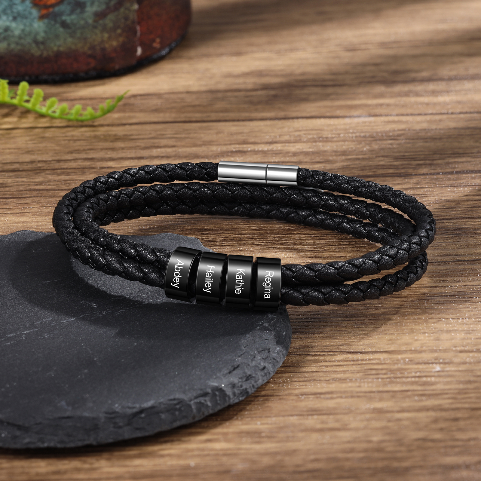 Personalised Men's Leather Bracelet Custom 4 Names Braided Bracelet with Beads Multi-Layered Bracelet Gift for Dad