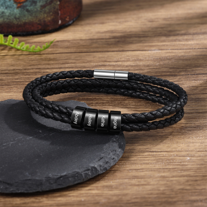 Personalised Men's Leather Bracelet Custom 4 Names Braided Bracelet with Beads Multi-Layered Bracelet Gift for Dad