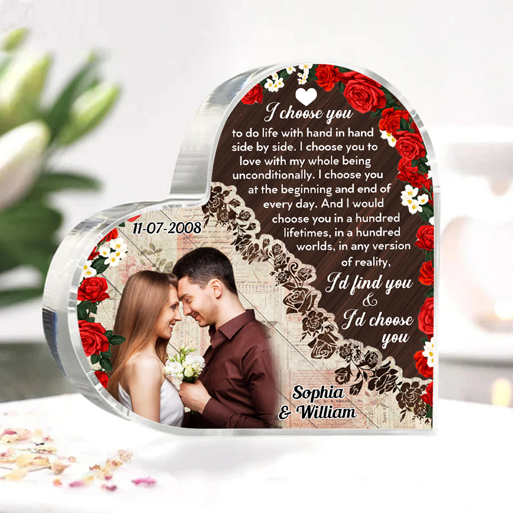 Couple Acrylic Heart Keepsake Custom 2 Names & Date & Photo Ornament Valentine's Day Gift -  I Choose You To Do Life With Hand In Hand Side By Side-Jessemade AU