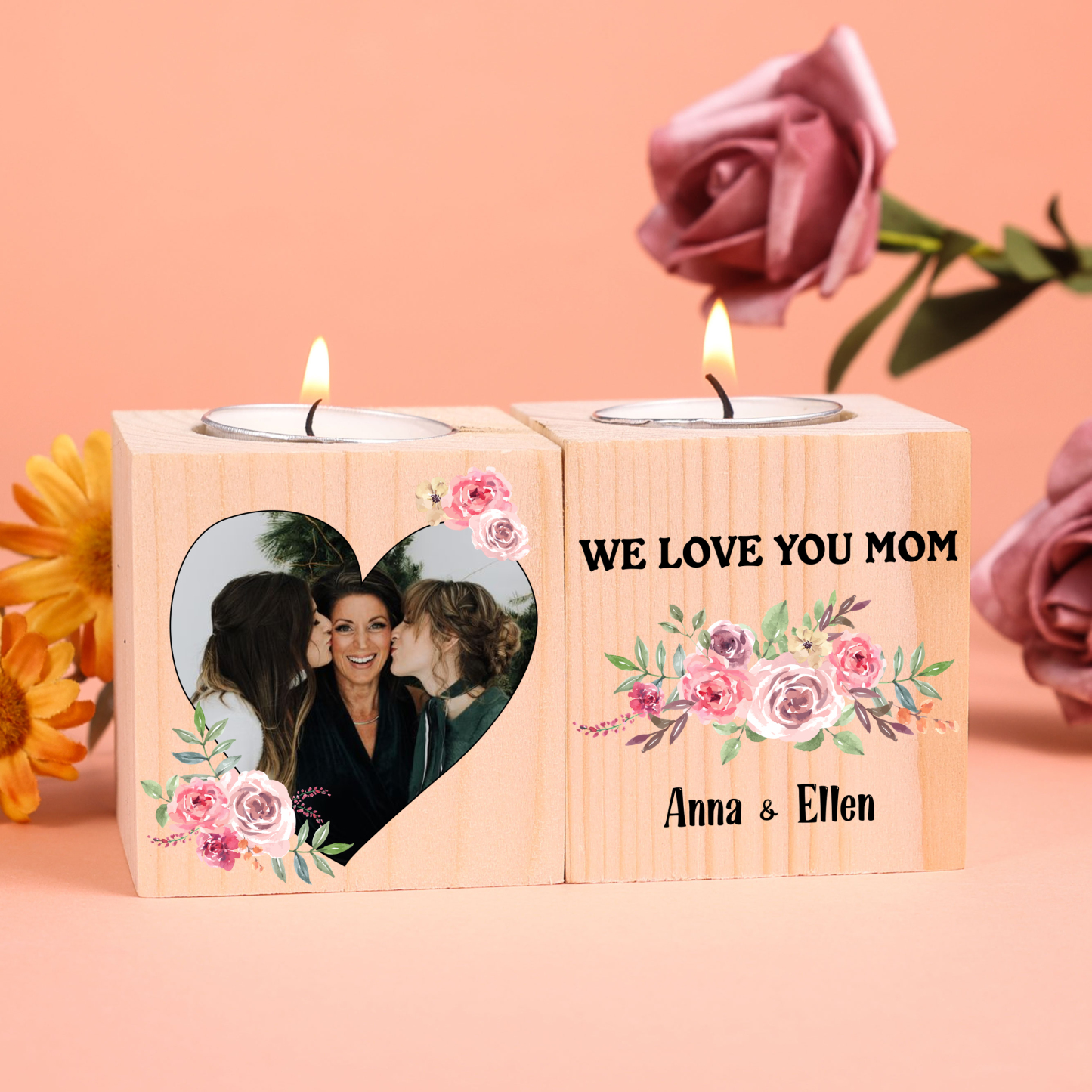 Personalised Photo Block Candle Holder We Love You Mom Wooden Candlesticks-Jessemade AU