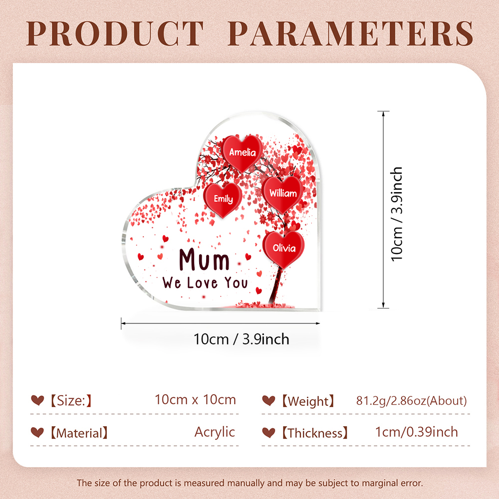 4 Names - Personalised Acrylic Heart Keepsake Custom Text Red Tree Ornaments Gifts for Grandma/Mother-Jessemade AU
