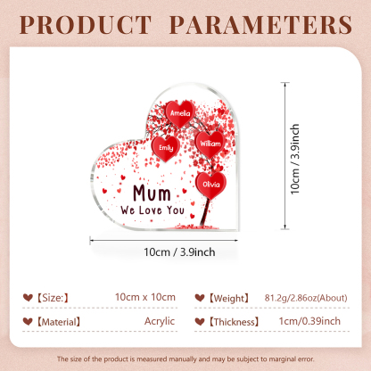 4 Names - Personalised Acrylic Heart Keepsake Custom Text Red Tree Ornaments Gifts for Grandma/Mother-Jessemade AU