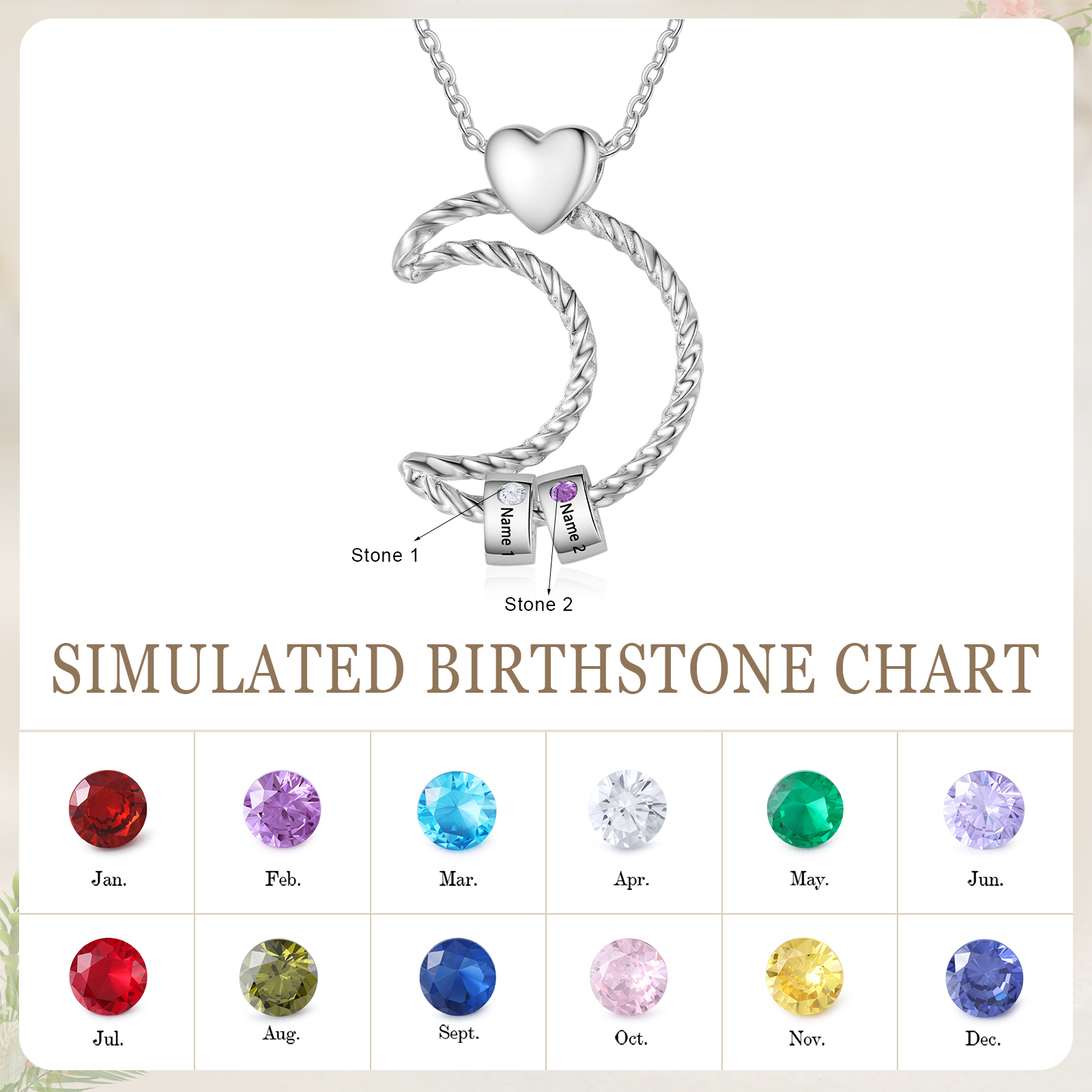 2 Names - Personalised Moon Pendant Necklace Custom Birthstones & Names Necklace Gift for Her-Jessemade AU