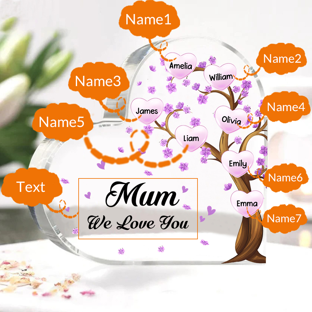 7 Names - Personalised Acrylic Heart Keepsake Custom Text Purple Flowers Tree Ornaments Gifts for Grandma/Mother-Jessemade AU