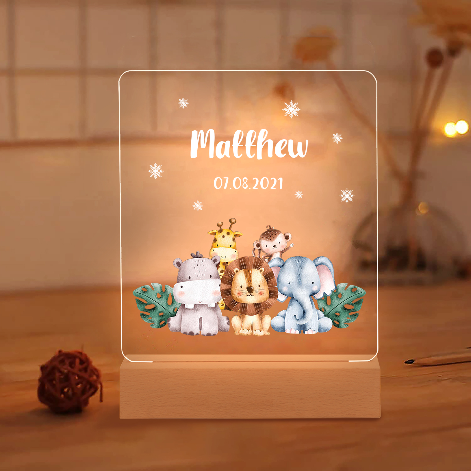 Personalised Name Night Light Animal Zoo Wood LED Night Light Custom Date Nursery Birthday Gifts For Children-Jessemade AU