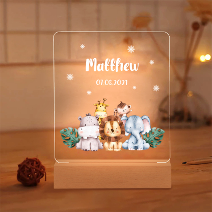 Personalised Name Night Light Animal Zoo Wood LED Night Light Custom Date Nursery Birthday Gifts For Children-Jessemade AU